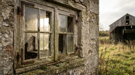 Weathered window with broken panes in a rustic setting, atmospheric architectural detail with age, texture and strong editorial appeal for history, abandonment and rural themes, soft natural light,