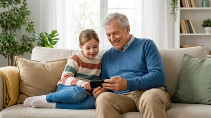 Senior man and little girl looking at mobile phone screen, lifestyle scene, family, parenting, home, childhood and relationship concepts, clean styling, soft natural light, crisp detail, realistic