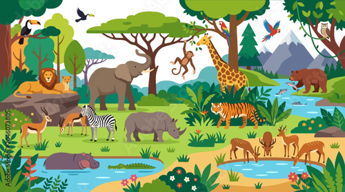 Canvas Print Colorful illustration of various wild animals.