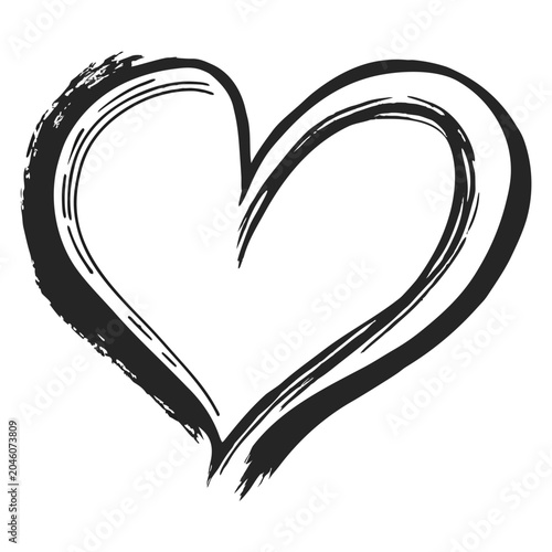 Hand Drawn Black Ink Heart Shape with Textured Brush Strokes on Plain White Backdrop