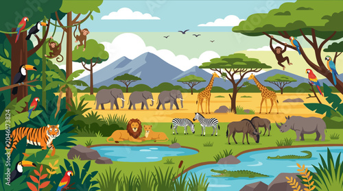 Fotografie Colorful illustration of savannah wildlife animals.