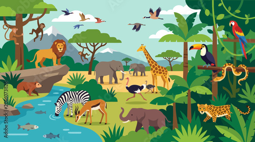 Photography Colorful illustration of various wild animals.