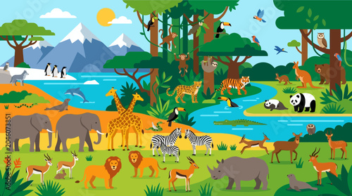Canvas Print Colorful illustration of various wild animals.