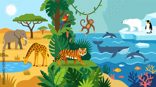 Photography Colorful illustration of various wild animals.