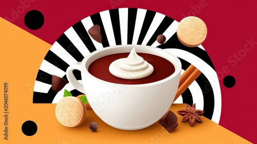 Hot Chocolate With Toppings Surrounded by Colorful Elements