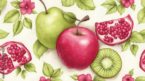 Vibrant Still Life of Fruits with Floral Accents and Lush Colors