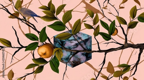 Abstract composition of foliage, fruit, and geometric shapes in pastel
