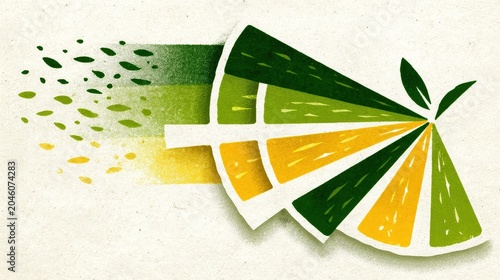 Vibrant Citrus Slice with Colorful Gradient and Fresh Leaves Design