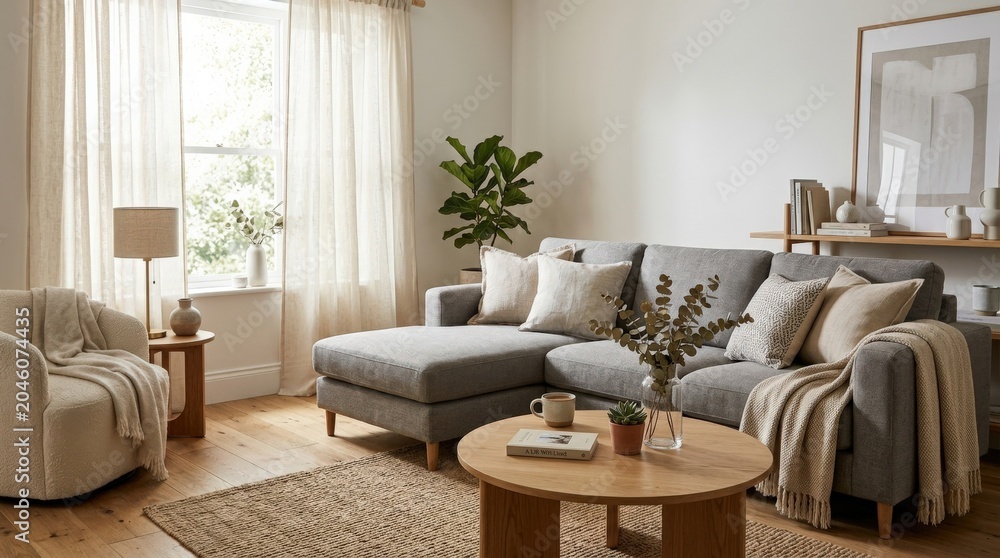 Fototapeta premium Interior of stylish living room with grey sofa, table and light curtains, modern home interior and lifestyle stock concept with cozy furniture, clean decor, everyday comfort, neutral unbranded
