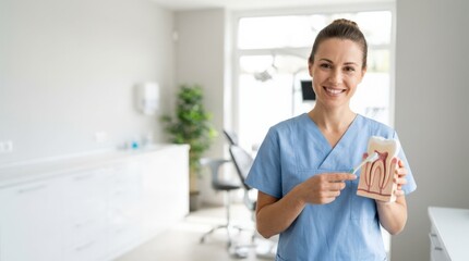 Dental professional presenting tooth model, oral hygiene lesson, dentist education, healthy smile care and patient consultation, clean commercial stock composition, generous copy space, neutral