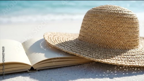 4K Straw Sun Hat and Open Book on Sandy Beach with Soft Ocean Waves