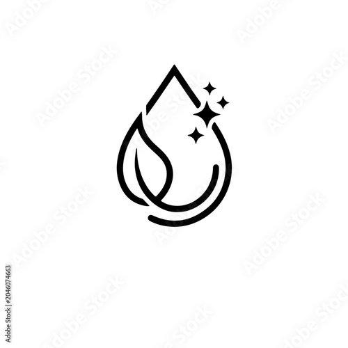 Minimalist water drop logo with leaf and sparkles, representing natural purity and freshness for eco-friendly brands and sustainable products