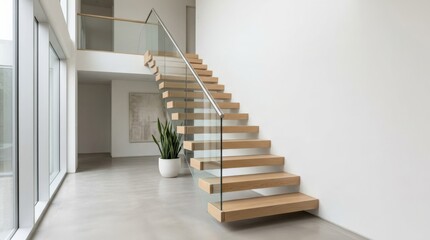 MInimal Staircase, minimal staircase, clean architectural lines, geometric steps, modern interior design and calm contemporary space, commercial stock photo, realistic detail, clean composition, soft