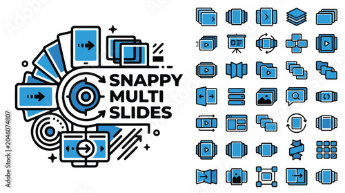 Snappy multi slides icon set, blue and black presentation slide transitions, 40 vector icons for digital slideshows and video editing