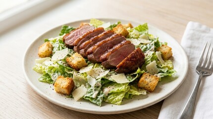Caesar salad with duck breast on light plate and light background, homemade, no people, commercial stock food photography, appetizing presentation, clean composition, natural colors, soft daylight,