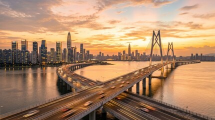 Shenzhen Bay Bridge at sunset in China, sweeping infrastructure landscape with warm sky, water reflections and modern transport elegance in golden light, high resolution, soft natural light, realistic
