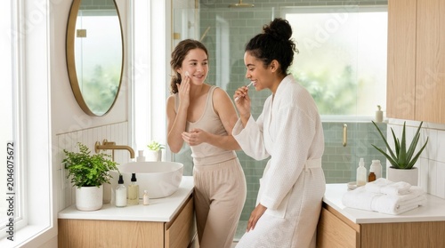 Girls doing morning routine in bathroom, contemporary lifestyle portrait for emotional storytelling, fashion, wellbeing and modern commercial campaigns with polished mood and approachable visual