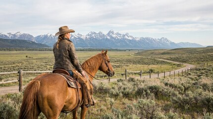 Woman on horseback in ranch field near Jackson Hole Wyoming, western lifestyle, equestrian travel, mountain valley, open pasture and scenic American countryside, natural colors, clean composition,