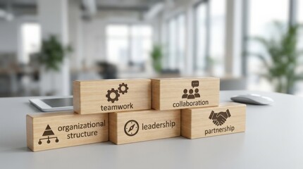 Wooden blocks displaying icons of teamwork, collaboration, organizational structure, leadership, partnership, representing corporate culture, clean corporate workspace, neutral technology, uncluttered
