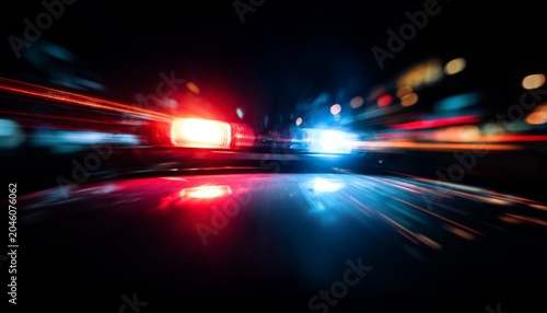 Emergency lights flash brightly on a police vehicle, illuminating the dark streets at night