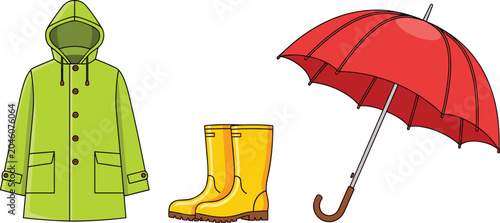Obraz na płótnie Rainy Season Essential Gear Set Featuring Green Raincoat Red Umbrella and Yellow