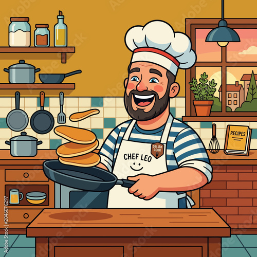 A happy male chef flipping pancakes in a cozy kitchen illustration.