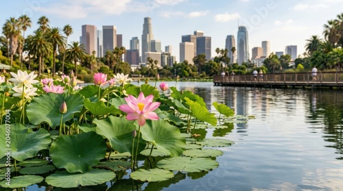 Los Angeles Echo Park lotus flower, urban lake bloom, California travel, botanical beauty and peaceful city nature, neutral unbranded stock photo, clean commercial composition, useful copy space,