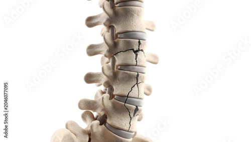 Medical 3D spine render showing fractured vertebrae with high-detail bone structure