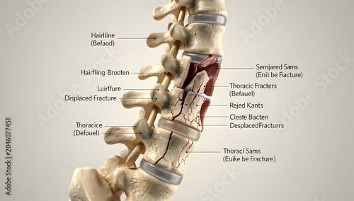 Ultra-realistic 3d medical image of spinal fracture, clear segmented vertebrae, detailed intervertebral spacing, soft neutral tones, diagnostic-quality realism