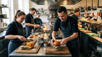 Chefs preparing gourmet burgers and fries in a busy kitchen, high-energy restaurant service scene with teamwork, food styling and premium dining appeal, soft natural light, realistic detail, clean