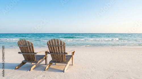 Adirondack Chairs on Tropical Beach Facing Calm Blue Ocean Summer View