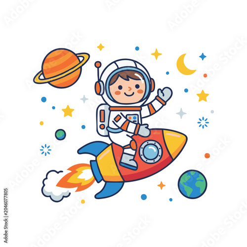 Astronaut Child Flying a Rocket Through Space with Planets and Stars