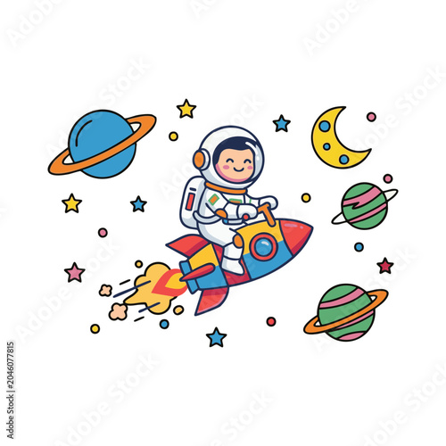 Astronaut Child Happily Riding Rocket in Outer Space Exploring Cosmic Adventure