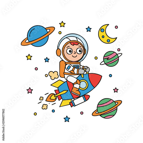 Astronaut Kid Flying Rocket Through Space with Planets and Stars