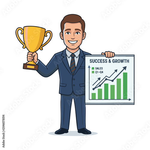 Success Celebration Illustration of a Businessman with a Trophy and Growth Chart