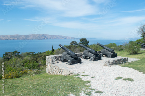 Historic cannons overlooking the Adriatic Sea from Senj fortress, Croatia