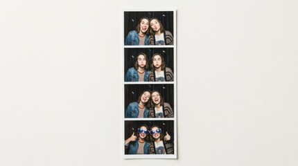Instant film photo booth strip of two friends making faces, funny friendship snapshots with candid expressions and retro party energy, polished stock photo aesthetic, clean commercial composition with