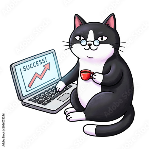 A successful cat on a laptop with coffee , stock illustration