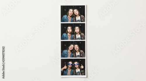 Instant film photo booth strip of two friends making faces, funny friendship snapshots with candid expressions and retro party energy, polished stock photo aesthetic, clean commercial composition with