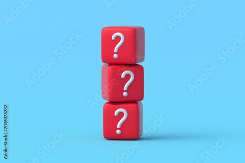 Question marks on three cubes. Search for solutions. FAQ concept. Mystery and secret discovery. Brainstorming and analysis. Curiosity and thirst for knowledge. 3d render