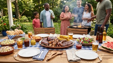 Backyard BBQ feast with grilled food and summer table setting, inviting hospitality scene for family gatherings, outdoor dining and seasonal celebration themes, rustic serving style, warm smoke and