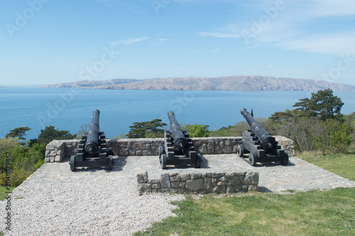 Historic cannons overlooking the Adriatic Sea from Senj fortress, Croatia