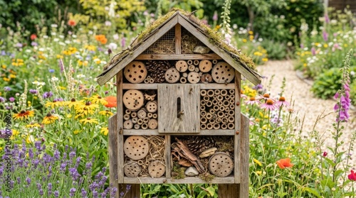 Insect hotel filled with natural materials in a garden during daytime, biodiversity, eco friendly habitat, pollinator shelter and sustainable backyard wildlife support scene, natural light, realistic
