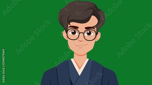 Young man with dark hair and round glasses smiles confidently against a solid green background representing a professional avatar or character.