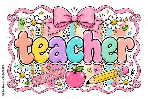 Cute Teacher Typography Design With Pencil Apple Bow And Floral School Elements