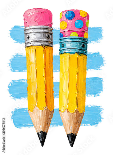 Colorful Hand Painted School Pencils Illustration With Blue Brush Stroke Background