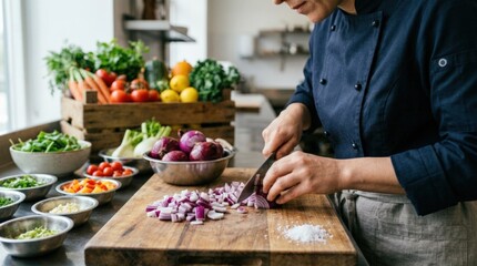 Cook preparing ingredients, professional kitchen close-up with fresh produce, mise en place and culinary craftsmanship in a clean food service environment, soft natural light, realistic detail, clean