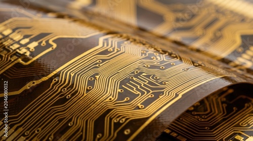 Gold flexible printed circuit board technology background, abstract macro detail, electronics pattern, conductive traces, futuristic hardware texture, clean unbranded setting, natural colors, soft