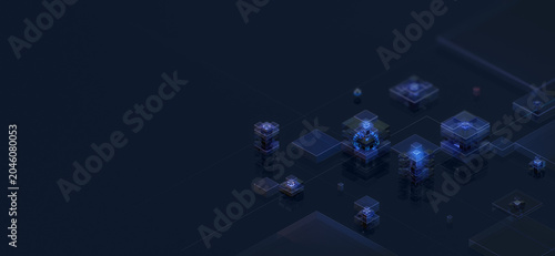 Digital infrastructure background. Distributed computing network, cloud architecture, data processing, isometric information technology. Blockchain nodes, artificial intelligence, quantum computing 3D