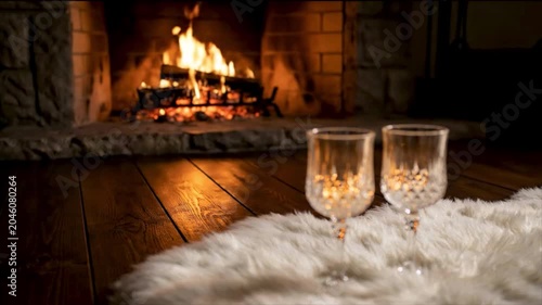 4K Two Clear Wine Glasses on Fur Rug in Front of Warm Cozy Fireplace